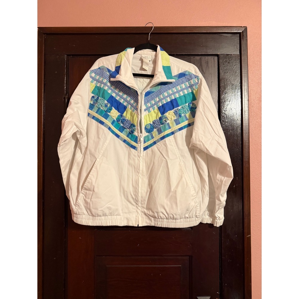 Koret Francisca‎ Vintage Patchwork Floral Zip Up Jacket White Blue Green Large